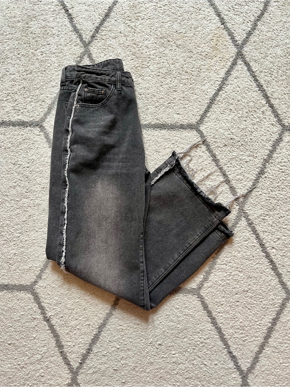 Women's Distressed Black Gray High-Rise Straight Jeans with Raw Hem